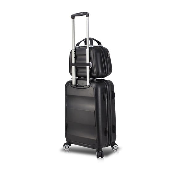 Set crnog putnog kovčega na kotačima s USB priključkom i torbicom za nošenje My Valice LASSO MU &amp; Cabin