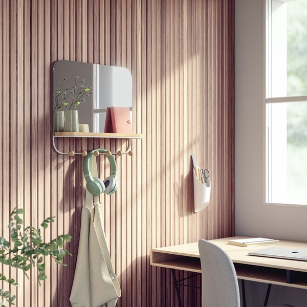 Bijela zidna vješalica od prirodnog bukovog drveta s policom Estique - Umbra-image-1