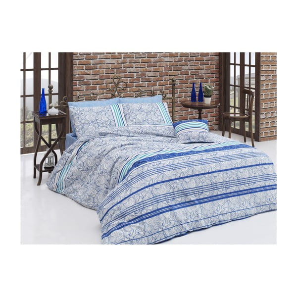 Plava pamučna posteljina s plahtama za krevet za jednu osobu Stripe, 140 x 200 cm