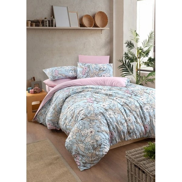 Plava/ružičasta posteljina za bračni krevet/za produženi krevet s uključenom plahtom/4-dijelna 160x220 cm Floral – Mila Home