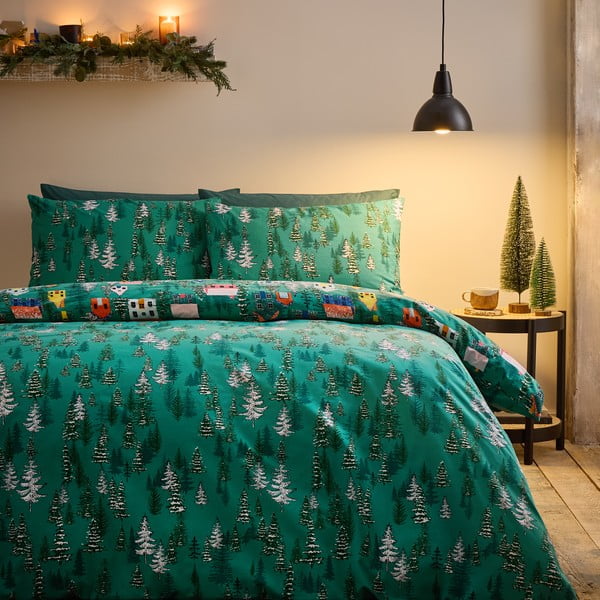 Zelena posteljina za bračni krevet 200x200 cm Festive Forest – Catherine Lansfield-image-1