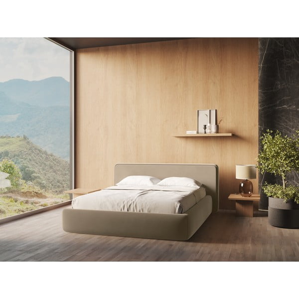 Svjetlo smeđi tapecirani bračni krevet s prostorom za odlaganje s podnicom 160x200 cm Kiana – Makamii-image-1
