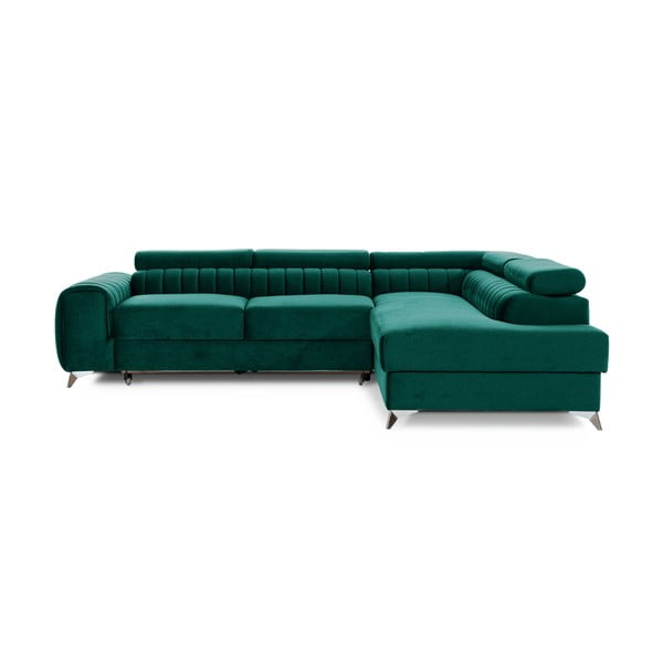 Zelena baršunasti sklopiva/s prostorom za odlaganje kutna garnitura (s desnim kutom/u obliku slova L) Laurence – ELTAP