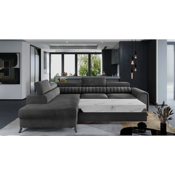 Tamno siva baršunasti sklopiva/s prostorom za odlaganje kutna garnitura (s lijevim kutom/u obliku slova L) Laurence – ELTAP-image-2