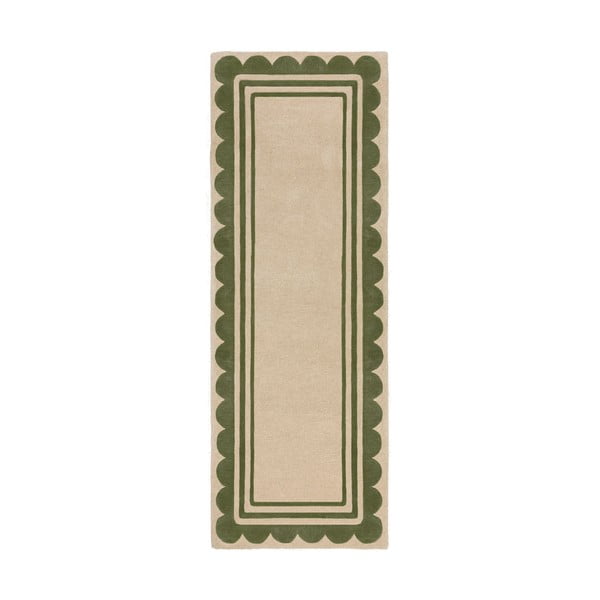 Zelena/u prirodnoj boji ručno rađena vunena staza 80x230 cm Lois Scallop – Flair Rugs