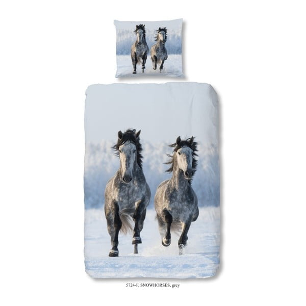 Dječja flanel pamučna posteljina za krevet za jednu osobu Good Morning Snow Horses, 140 x 200 cm
