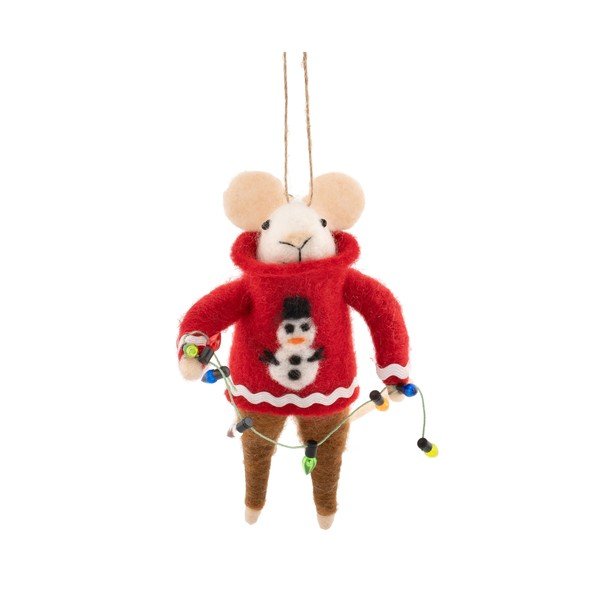 Tekstilni ukas za božićno drvce 6 cm Mouse in Snowman Jumper with Fairy Lights – Sass & Belle