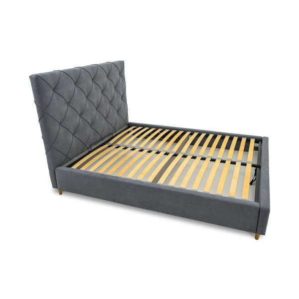 Sivi tapecirani bračni krevet s prostorom za pohranu s podnicom 160x200 cm Bee – Scandic-image-4