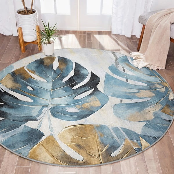 Plavi perivi okrugao tepih ø 150 cm Golden Leaves – Mila Home-image-1