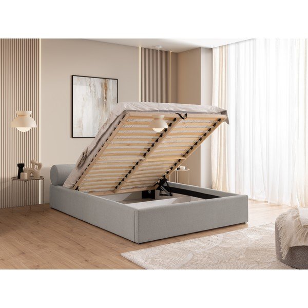 Svijetlo sivi tapecirani bračni krevet s prostorom za odlaganje s podnicom 160x200 cm Cille – Ropez-image-4