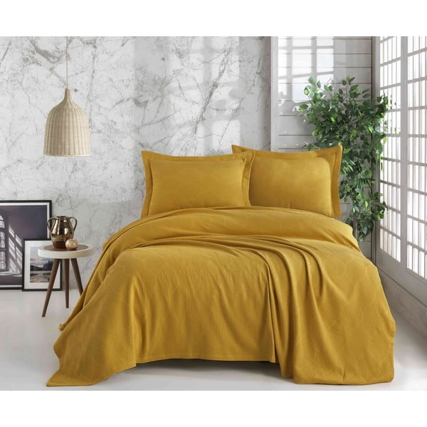 Set lagano prošivenog pamučnog prekrivača i 2 jastučnice Saheser STN Mustard, 220 x 240 cm