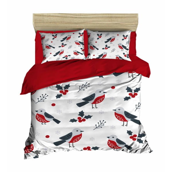 Set posteljine i plahti za bračni krevet Birds Red, 200 x 220 cm