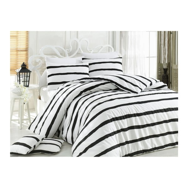 Crno bijela pamučna posteljina za bračni krevet s plahtama Poppy, 200 x 200 cm