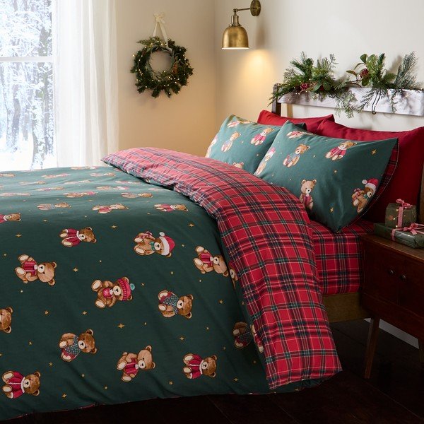Crvena/tamno zelena posteljina za krevet za jednu osobu 150x120 cm Christmas Tartan Teddy Bear – Catherine Lansfield