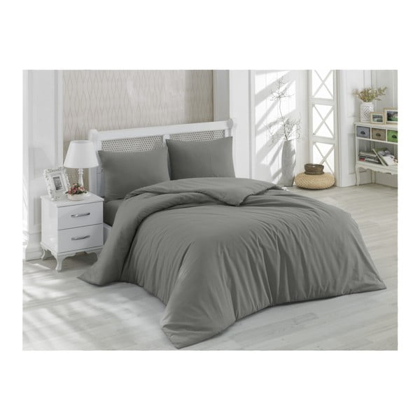 Siva pamučna posteljina s plahtom za bračni krevet Minimal, 200 x 220 cm