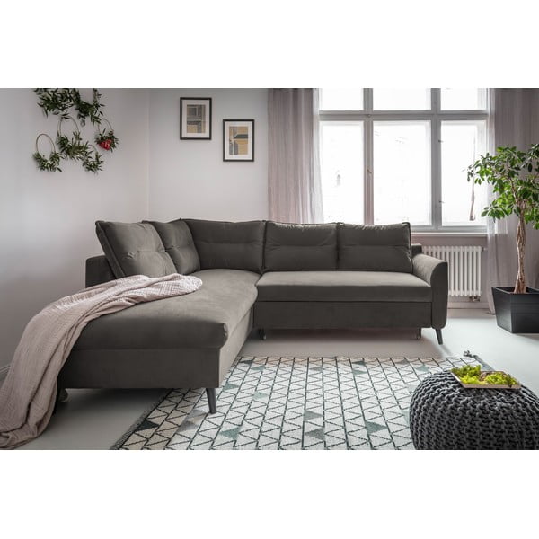 Tamnosiva baršunasta kutna garnitura na razvlačenje Miuform Stylish Stan L, lijevi kut-image-1