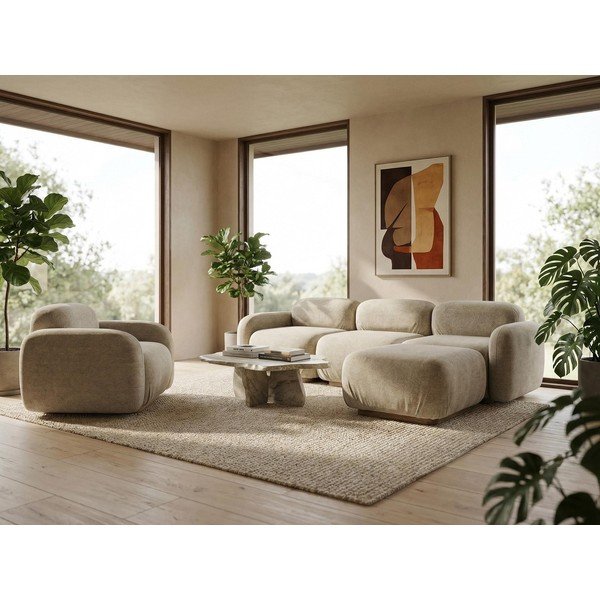 Bež ležaljka od bouclé tkanine (s desnim kutom) Ailani – Makamii-image-1