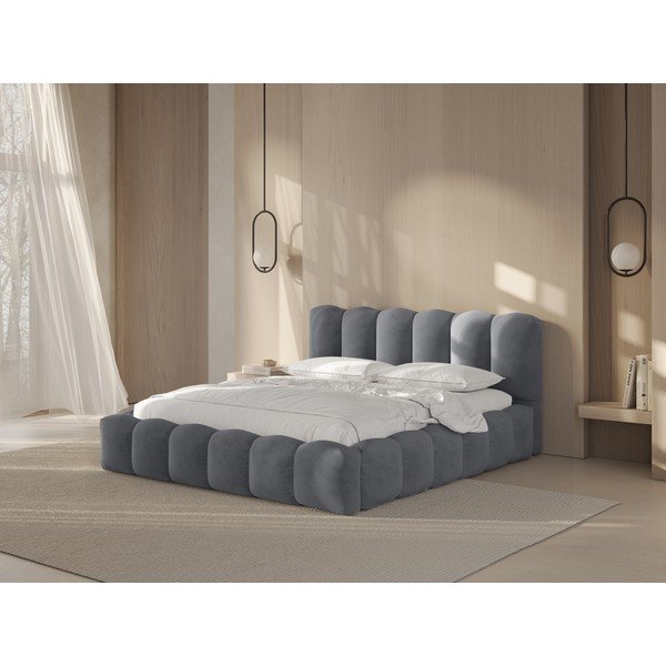 Sivi tapecirani bračni krevet s prostorom za odlaganje s podnicom 140x200 cm Lupine – Micadoni -image-1