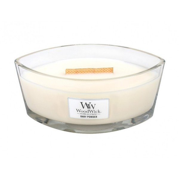 Mirisna svijeća WoodWick Baby Powder, miris vanilije, meda i ruže, vrijeme gorenja 30 satii