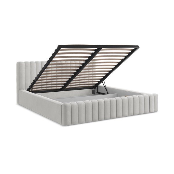 Tapecirani bračni krevet s prostorom za odlaganje s podnicom 160x200 cm u srebrnoj boji Lemi – Makamii-image-3