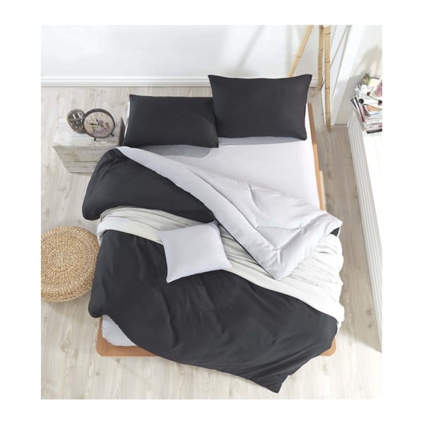 Crno-siva posteljina s plahtom za bračni krevet Permento Masilana, 200 x 220 cm