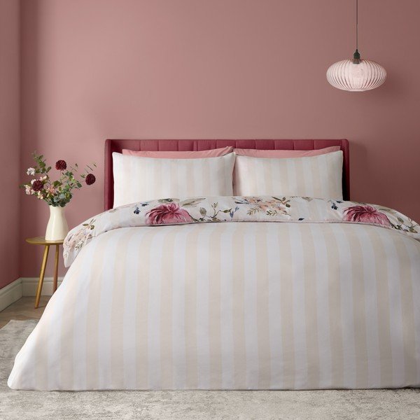 Krem posteljina za krevet za jednu osobu 135x200 cm Floral Stripe – Catherine Lansfield-image-2
