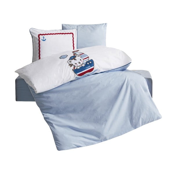 Bijela/plava pamučna dječja posteljina za dječji krevetić s uključenom plahtom/4-dijelna 100x150 cm Miniyo – Mijolnir