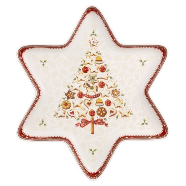 Crveno-bijela porculanska božićna zdjela za posluživanje u obliku zvijezde Villeroy & Boch Gingerbread Village, 37,2 x 32,5 cm-image-1