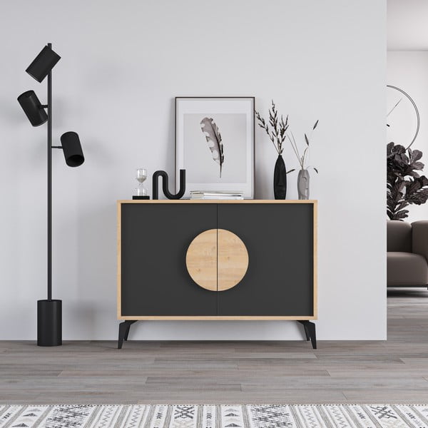 Crna/u prirodnoj boji niska komoda u dekoru hrasta 110x82 cm Vae – Marckeric-image-2