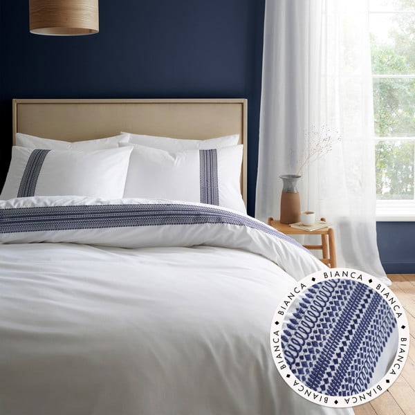 Bijela/plava pamučna posteljina za bračni krevet 200x200 cm Remy Embroidery – Bianca