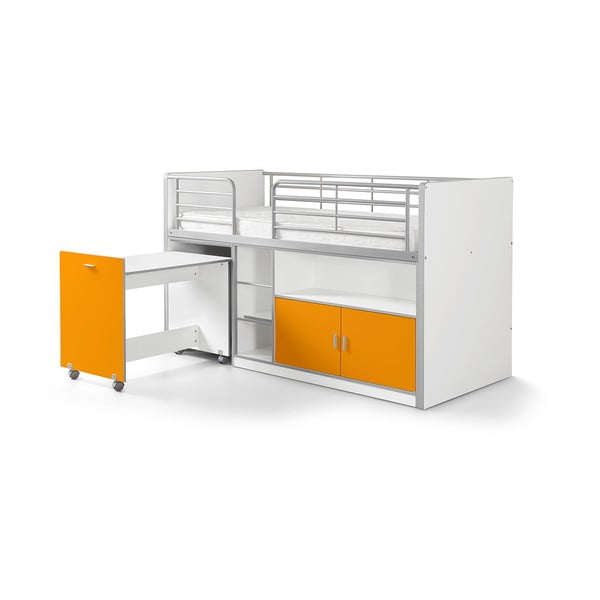 Bijelo-narančasti krevet na kat sa stolom na izvlačenje i Vipack prostorom za odlaganje, 200 x 90 cm