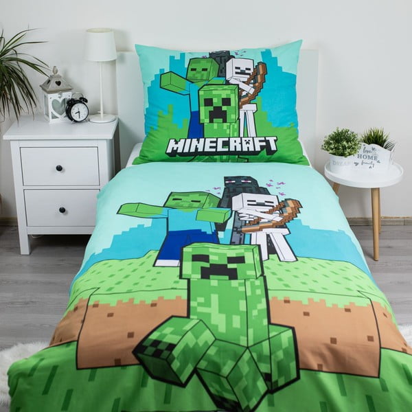 Zelena/plava pamučna dječja posteljina za krevet za jednu osobu 140x200 cm Minecraft "Mobs Here" – Jerry Fabrics-image-1