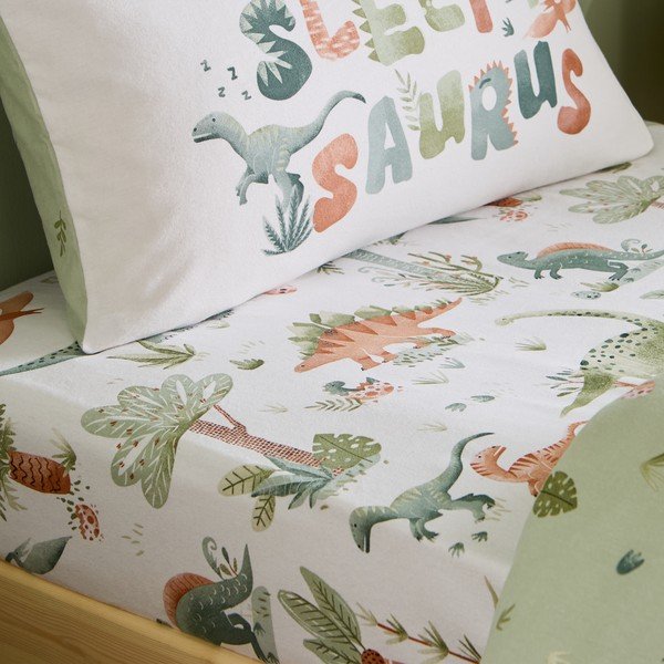 Krem flanelska dječja plahta s gumom za krevet za jednu osobu 90x190 cm Brushed Sleepy Saurus Dino – Catherine Lansfield