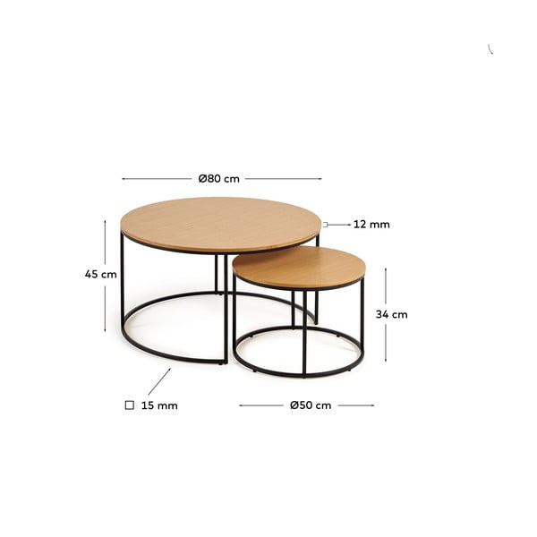 Okrugli stolići u kompletu od 2 komada s pločom u dekoru hrasta ø 80 cm Yona - Kave Home-image-4