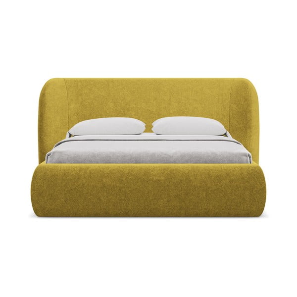 Senf žuti tapecirani bračni krevet s prostorom za odlaganje s podnicom 180x200 cm Hauke – Makamii-image-3