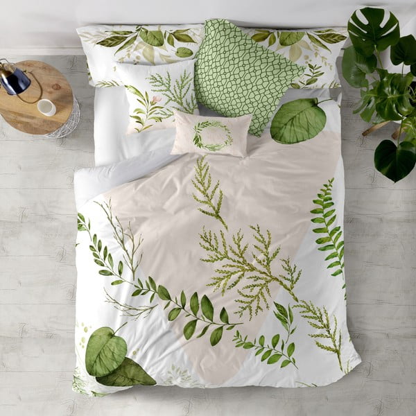 Bijela/zelena pamučna navlaka za poplun za krevet za jednu osobu 140x200 cm Herbal – Happy Friday