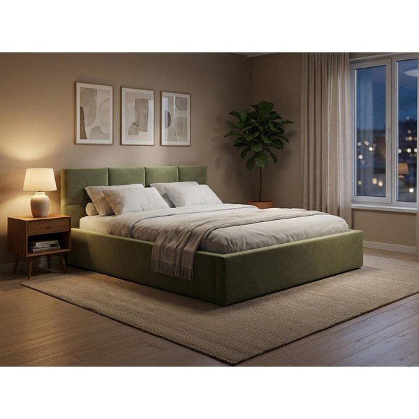 Svijetlo plavi baršunasti tapecirani bračni krevet s prostorom za odlaganje s podnicom 140x200 cm Hiko – Makamii-image-1