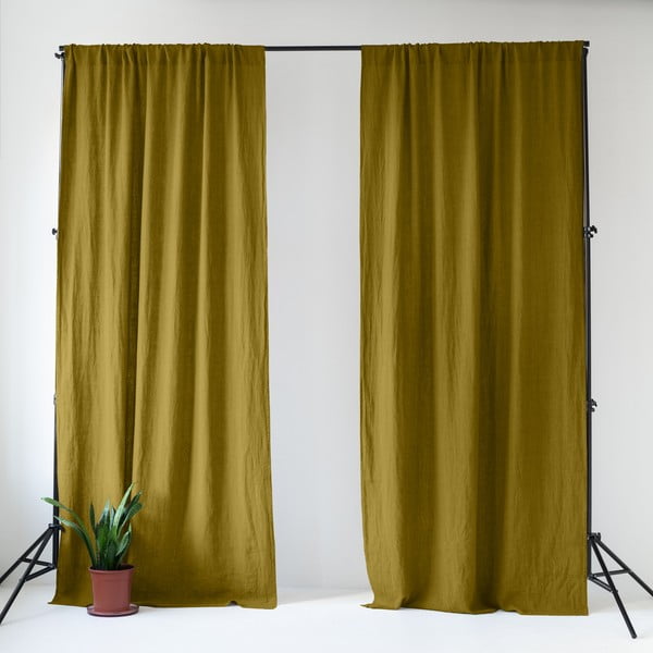 Oker žuta/zelena lanena zavjesa 140x300 cm Moss Green – Linen Tales
