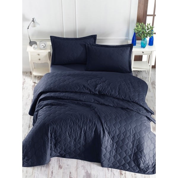 Tamno plavi prekrivač s jastučnicom od ranforce pamuka EnLora Home Fresh, 180 x 225 cm