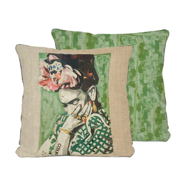 Dvostrana jastučnica od lana Madre Selva Frida Collage Green, 45 x 45 cm
