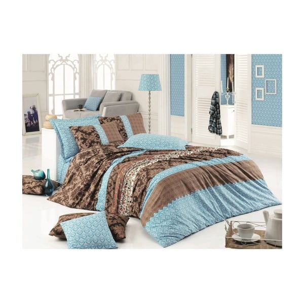 Smeđe-plava posteljina za krevet za jednu osobu Hiera, 160 x 220 cm