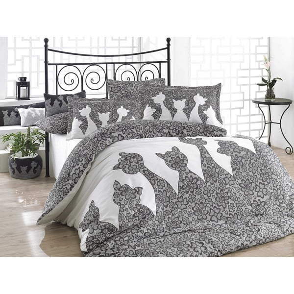 Siva pamučna posteljina s plahtom za bračni krevet Black 200 x 220 cm