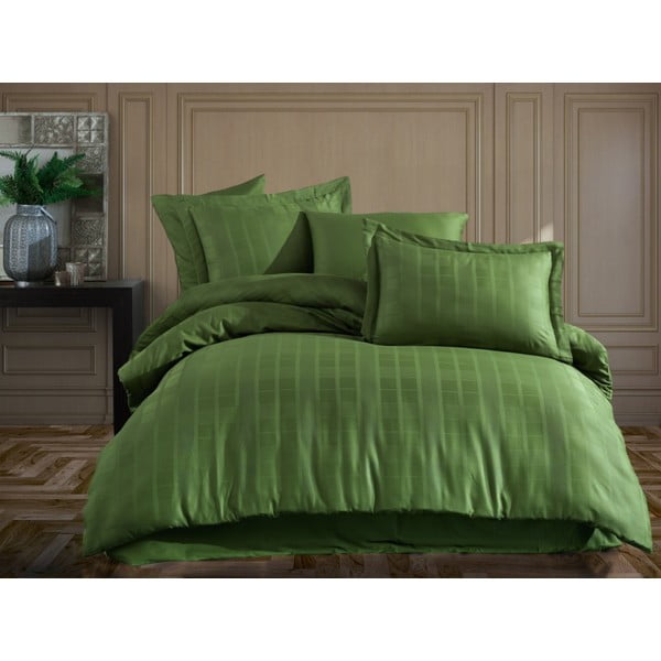 Zelena pamučna satenska posteljina za bračni krevet s plahtom i prekrivačem 240x260 cm Ekose - Mijolnir