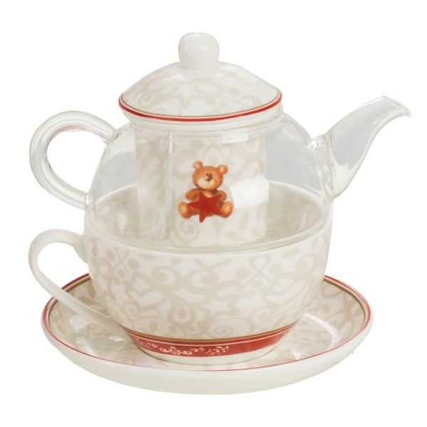 Set čajnika, šalica s pladnjem i cjedila za rastresiti čaj od koštanog porculana Brandani Abbracci Bear