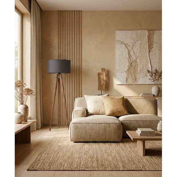 Crna/smeđa stojeća svjetiljka s tekstilnim sjenilom (visina 153 cm) Tripod – Opviq lights-image-1