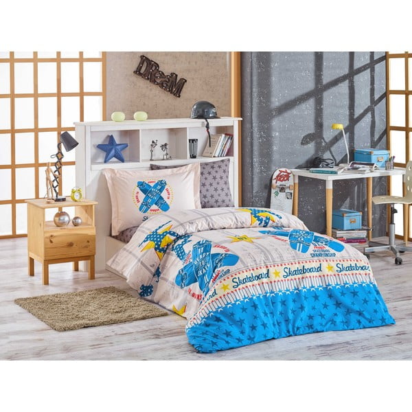 Plava posteljina s plahtama za krevet za jednu osobu Skateboard, 160 x 220 cm