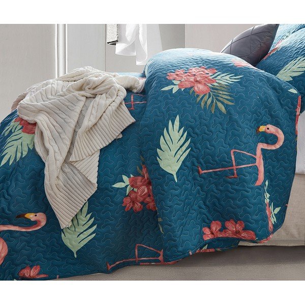 Plavi pokrivač iz mikropercila s dvije jastučnice Sleeptime Flamingo, 250 x 260 cm-image-1