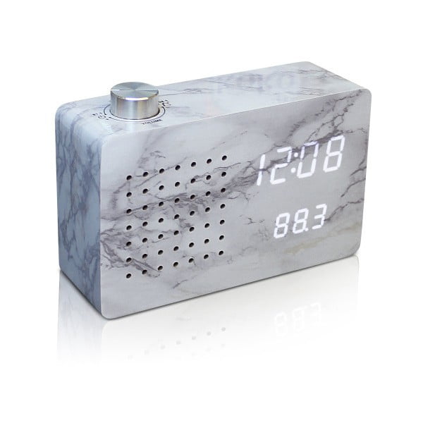 Siva budilica i radio s bijelim LED zaslonom Gingko Radio Click Clock Marble