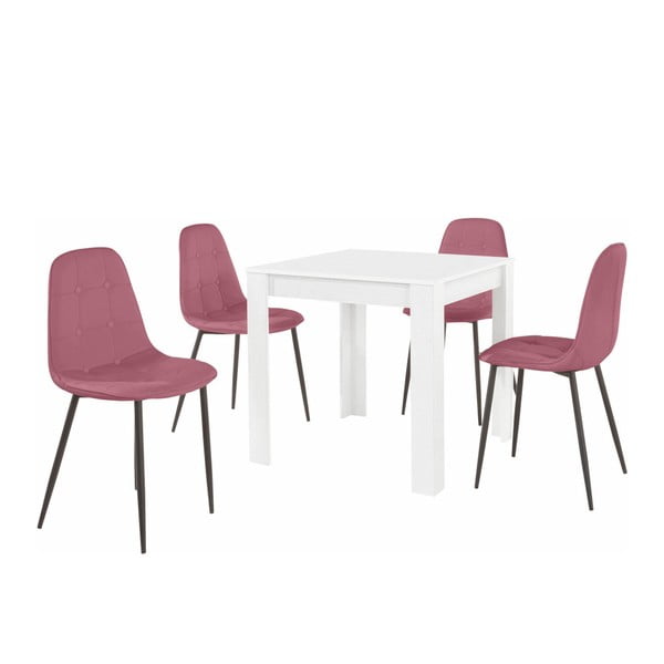 Bijeli set stolova za blagovanje i 4 ružičaste stolice za blagovanje Støraa Lori Lamar Duro