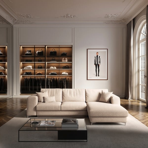 Bež sklopiva/s prostorom za odlaganje kutna garnitura od bouclé tkanine (s desnim kutom/s ležaljkom) Rene – Rodier-image-1